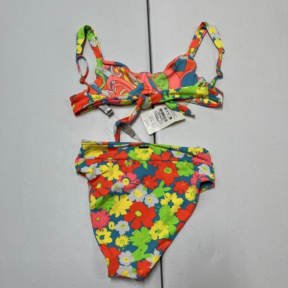 Maaji Bikini Swimsuit Colorful Retro Neon Floral Reversible M Beach Vacation